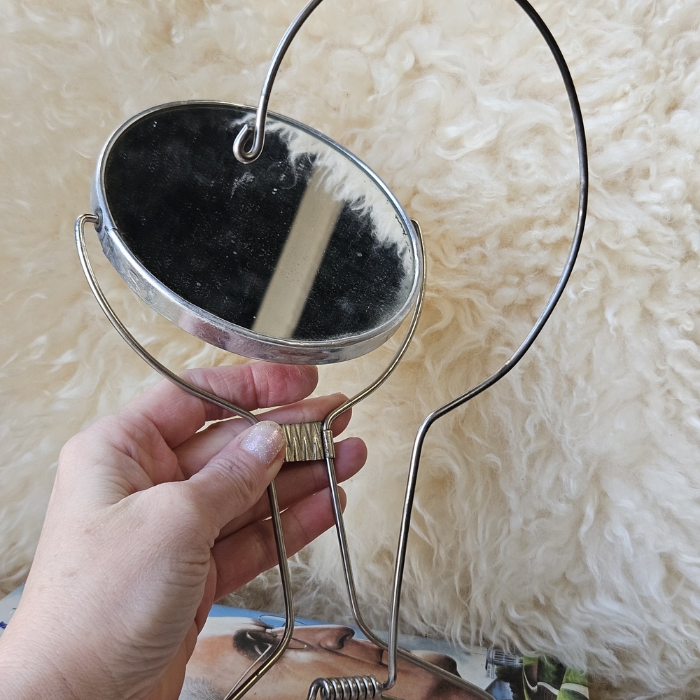 Vintage Midcentury 1960s Round 2-sided Silver Hanging Vanity Mirror